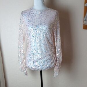 Sans Souci Light Pink Mesh With Iridescent Sequin Long Sleeve Blouse